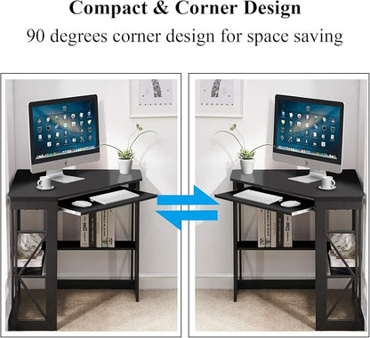 VECELO Corner Desk Computer Desk Writing Table with Smooth Keyboard Tray & Storage Shelves,Compact Home Office Triangle Table,Black