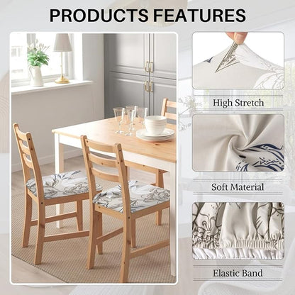 SearchI Waterproof Seat Covers for Dining Chairs, 4 Pack Stretch Dining Room Chair Seat Covers, Kitchen Chair Seat Covers Protectors(Beige and Blue Flower)