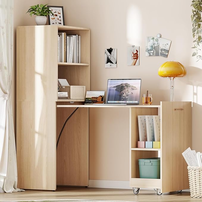 Zevemomo Folding Desk with Storage, Convertible Table with Shelves & Wheels, Craft Cabinet with Fold Out Table, Compact Computer Desk for Small Space, Reversible L Shaped Desk - Beige