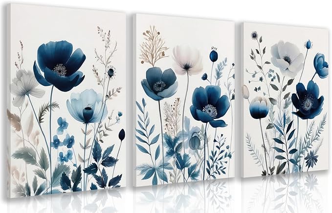 LLEEMPI Framed Navy Blue Floral Wall Art Set of 3, Modern Wildflower Wall Decor, Watercolor Botanical Canvas Paintings, Classic Minimalist Poster Prints for Bedroom Bathroom Office 12x16 Inch