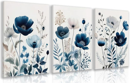 LLEEMPI Framed Navy Blue Floral Wall Art Set of 3, Modern Wildflower Wall Decor, Watercolor Botanical Canvas Paintings, Classic Minimalist Poster Prints for Bedroom Bathroom Office 12x16 Inch