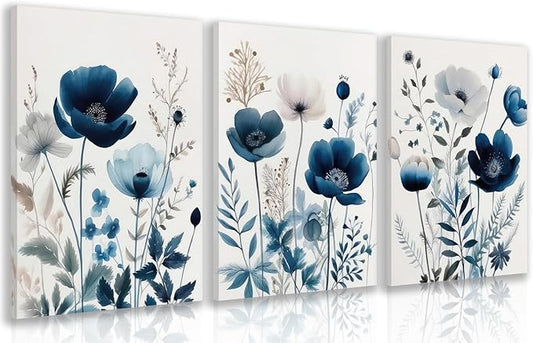 LLEEMPI Framed Navy Blue Floral Wall Art Set of 3, Modern Wildflower Wall Decor, Watercolor Botanical Canvas Paintings, Classic Minimalist Poster Prints for Bedroom Bathroom Office 12x16 Inch