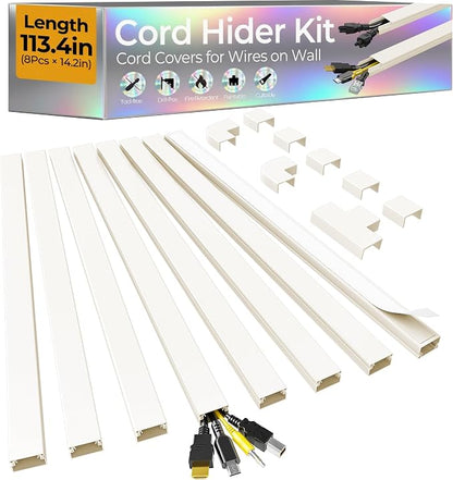 113.4in Cord Hider Kit, Cord Covers for 2-4 Wires on Wall, Self-Adhesive Cable Hider Wire Covers for Cords on Wall, Paintable Cord Hider for Walls Mount Tv, Cable Cover Raceway, W0.95 H0.55in, Beige