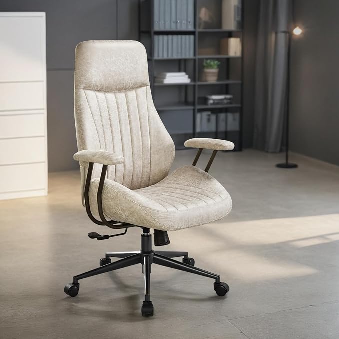 High Back Home Office Chair, Mid Century Vintage Executive Chair,Comfy Ergonomic Rolling Office Task Chair with Lumbar Support, Faux Leather Office Chair,Beige