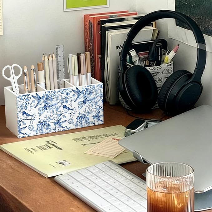 Blue Chinoiserie Bird Floral Pen Pencil Holder for Desk, Bird Lovers Gifts, Cottagecore Flower Botanical Wooden Box Sign Decorations for Home Office Girls Room Bedroom Desk Tabletop