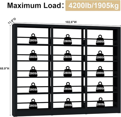 Heavy Duty Metal Book Shelf, 69" Tall Wide Bookshelf - Black, 3in1 Set | Metal, Adjustable Shelves, Industrial Bookshelves with 280lbs Shelf Capacity, Display Book Organizer for Living Room Library