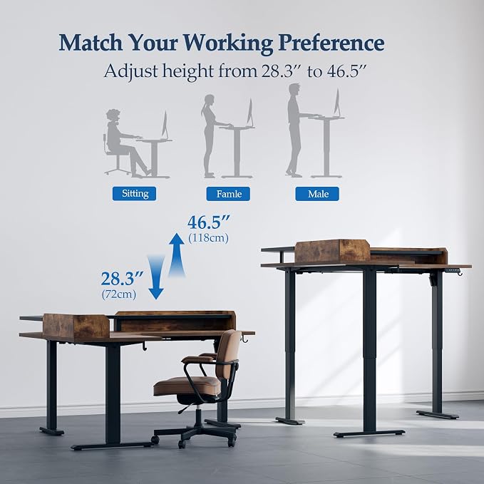 Klicelor L Shaped Electric Standing Desk 63 x 55 inch with Shelf, Height Adjustable Corner Desk, Sit Stand Desk with Storage Shelf, Home Office Computer Table, Rustic Brown