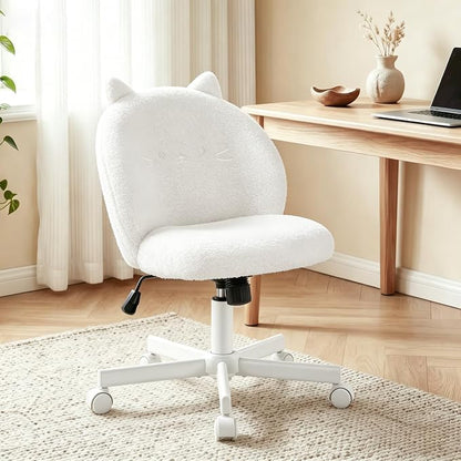Vanity Chair with Cat Back,Armless Desk Chair Cute Small Office Chair,Teddy Fabric Computer Chair with Adjustable Height,120°Tilting,Rolling,Swivel for Vanity,Kids Room,Office,Bedroom White