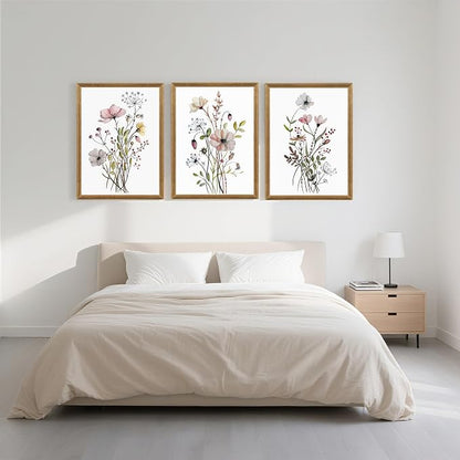 WRFON Framed Botanical Canvas Wall Art Set of 3, Watercolor Floral Prints, Framed Flower Wall Decor for Bedroom Bathroom Living Room, 16x24 Inch Each