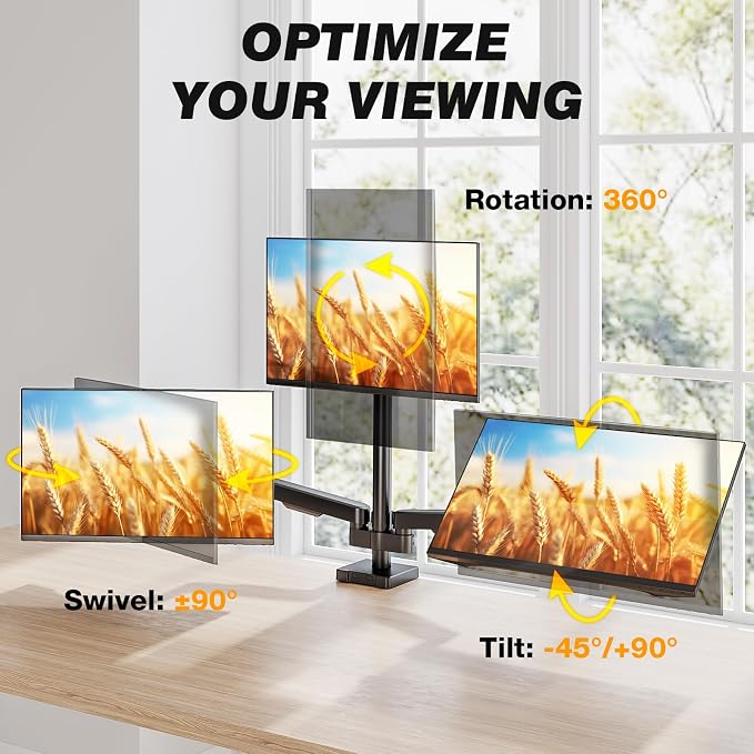 5Rcom Triple Monitor Mount Stand for 17-34 inch Computer Screens, Full Motion Monitor Dual Monitor Arms, Dual Monitor Arms Hold up to 22lbs, Gas Spring Monitor Stand, 75/100mm VESA Mount