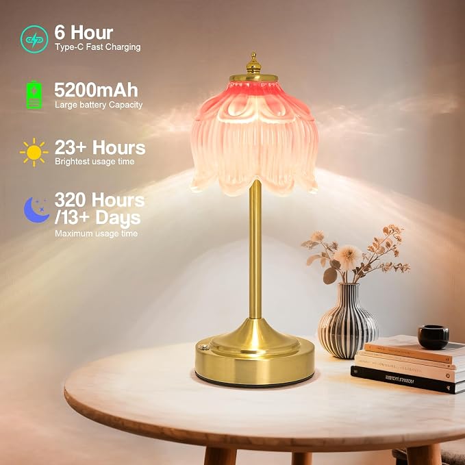 Cordless Lotus Flower Table Lamp, 5200mAh Rechargeable Battery Operated Portable Lamp, 3-Color Dimmable Touch Control Small Desk Lamp for Bedroom, Office, Kitchen, Nightstand,Room Decor (Pink)