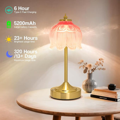 Cordless Lotus Flower Table Lamp, 5200mAh Rechargeable Battery Operated Portable Lamp, 3-Color Dimmable Touch Control Small Desk Lamp for Bedroom, Office, Kitchen, Nightstand,Room Decor (Pink)