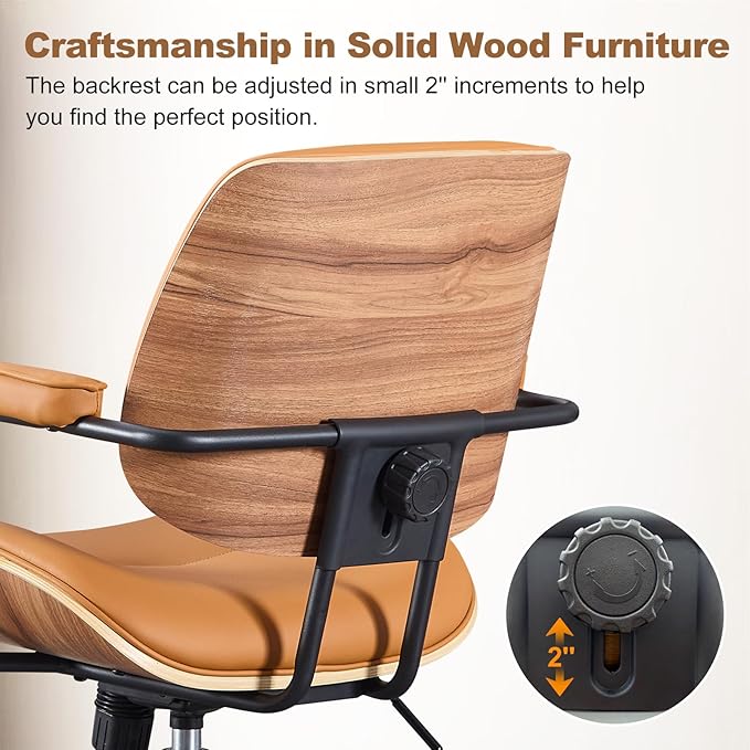 Mid Century Modern Office Chair with Adjustable Backrest, Wooden Desk Chair with Armrests, Swivel Height Adjustable Home Office Chair, Comfortable Task Chair for Home Office, Brown