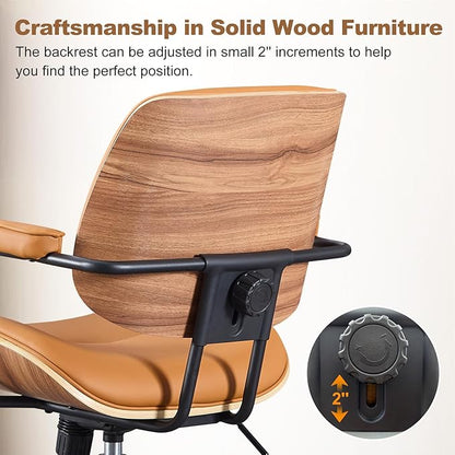 Mid Century Modern Office Chair with Adjustable Backrest, Wooden Desk Chair with Armrests, Swivel Height Adjustable Home Office Chair, Comfortable Task Chair for Home Office, Brown
