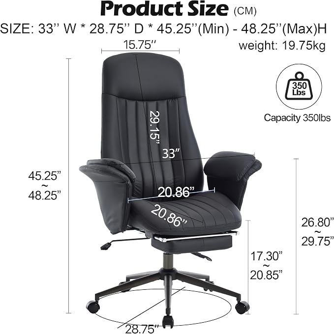 Home Office Desk Chair with Foot Rest, High Back Office Ergonomic Computer Chair with Lumbar Support Adjustable Height Rolling Swivel Chair Executive Task Armrests Black Leather