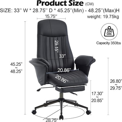 Home Office Desk Chair with Foot Rest, High Back Office Ergonomic Computer Chair with Lumbar Support Adjustable Height Rolling Swivel Chair Executive Task Armrests Black Leather