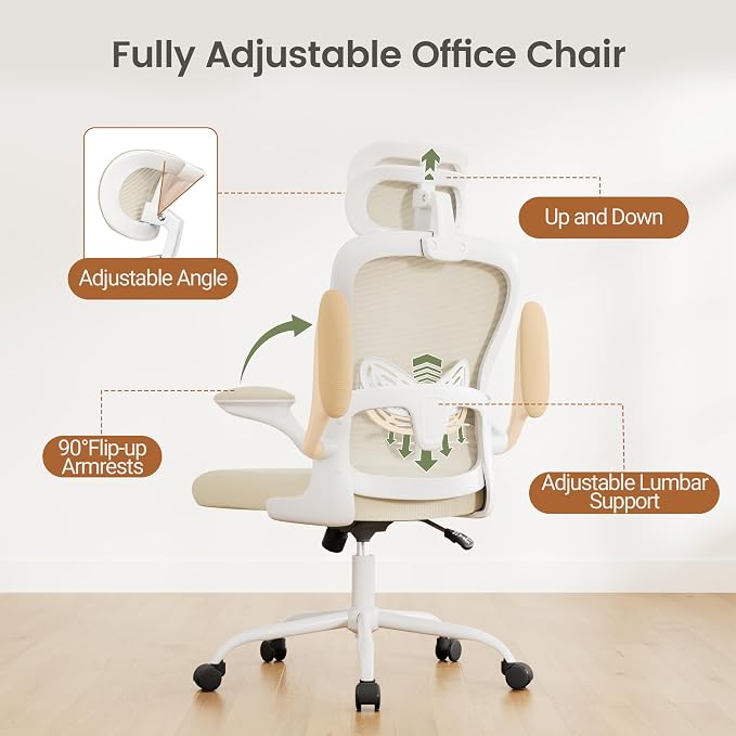 Homall Ergonomic Office Computer Chair，Computer Desk Chair with 3D Headrest Adjustable Lumbar Support，High Back Mesh Chair with Wheels for Office and Working from Home (Beige)