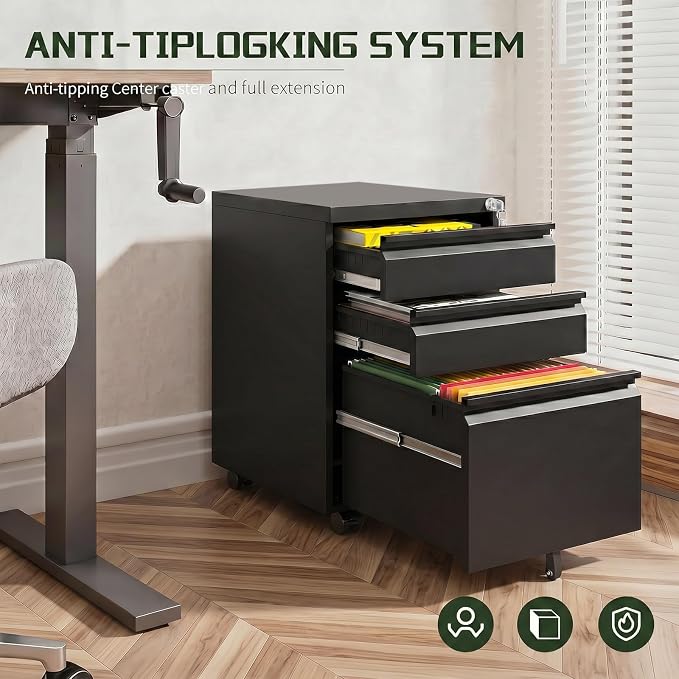 3 Drawer File Cabinet with Lock,Rolling Mobile File Cabinet with Wheels for Home Office,Under Desk Metal Filing Cabinet,Office Storage Organizer,Fully Assembled,Black