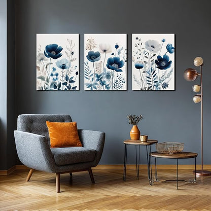 LLEEMPI Framed Navy Blue Floral Wall Art Set of 3, Modern Wildflower Wall Decor, Watercolor Botanical Canvas Paintings, Classic Minimalist Poster Prints for Bedroom Bathroom Office 16x24 Inch