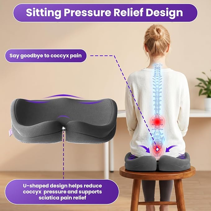 ZZ-WELL Seat Cushions for Office Chairs, Patented Pressure Relief Coccyx Cushion for Tailbone Pain, Memory Foam Butt Pillows for Wheelchair Car Sitting, Carrying Handle, Non-Slip (Grey, Large)