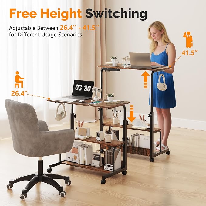 VINGLI 31.5" Mobile Small Standing Desk, Adjustable Height Mobile Computer Desk, w/2 AC Outlets + 3 USB Ports & Hooks, Storage Shelves, Suitable for Gaming, Studying, Home Office, Vintage Brown
