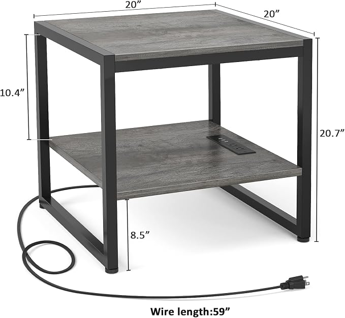 Homieasy End Table with Charging Station, 20" Mini Fridge Stand with Power Outlets, Heavy Duty Side Table for Living Room, Small Table Stand & Fridge Table, Black Oak
