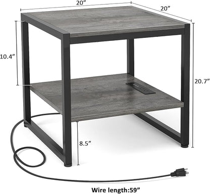 Homieasy End Table with Charging Station, 20" Mini Fridge Stand with Power Outlets, Heavy Duty Side Table for Living Room, Small Table Stand & Fridge Table, Black Oak, 2 Pack