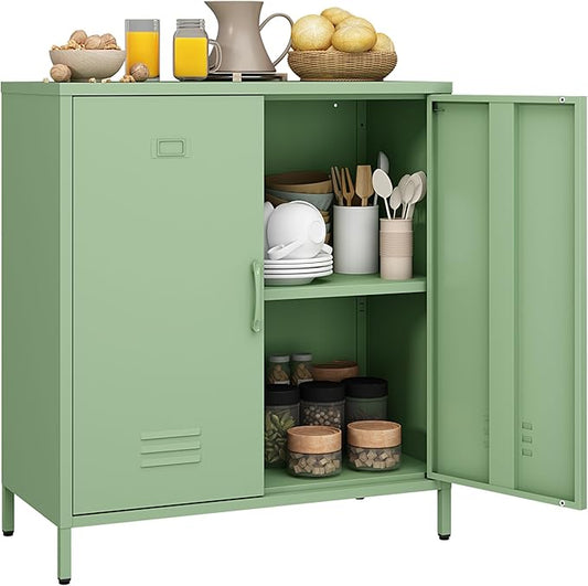 Steehoom Metal Cabinet with 2 Door, Metal Locker Storage Cabinet with Adjustable Shelves Accent Cabinet for Garage, Entryway, Office, School, Employees (Green, H35.43'')