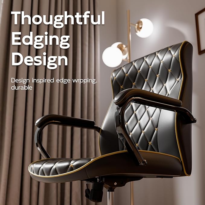HomeZeer Black Office Chair, Luxury Leather Executive Desk Chair | Elegant Timeless Appeal, Vintage Mid Back Styling with Wheels and Padded Arms, Thick High Density Foam Comfort