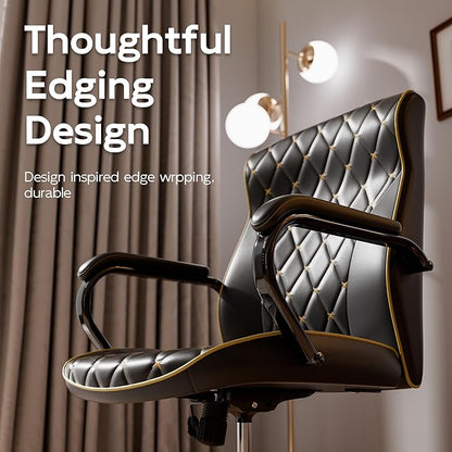 HomeZeer Black Office Chair, Luxury Leather Executive Desk Chair | Elegant Timeless Appeal, Vintage Mid Back Styling with Wheels and Padded Arms, Thick High Density Foam Comfort