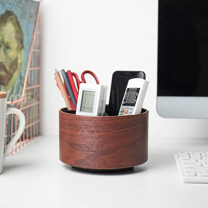 Round Leather Art Supply Organizer,Remote Control Holder,360 Degree Spinning,Multi-Functional Pencil Holder,4 Compartments Desktop Stationary Organizer(1-Light Brown2)