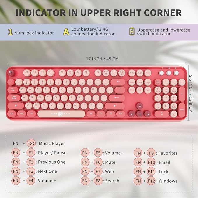 Wireless Keyboard and Mouse Combo, 2.4 GHz Wireless Full-Sized Typewriter Keyboard with Round Keycaps for Windows, Computer, Desktop, PC, Laptop (BerryPink)