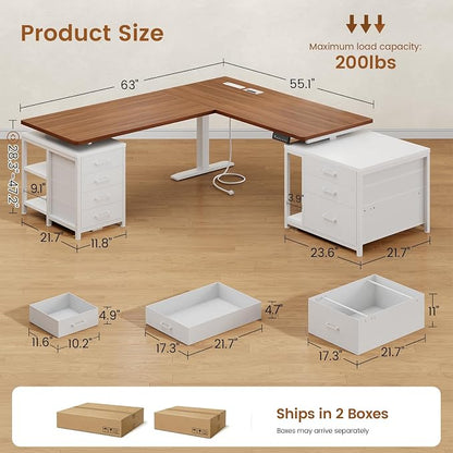 SEDETA L Shaped Electric Standing Desk with 7 Drawers, 63"×55.1" Height Adjustable Stand Up Desk with Power Outlets, 28.3"-47.2" Sit Stand Desk with Storage Shelves, 3 Memory Presets, White + Brown