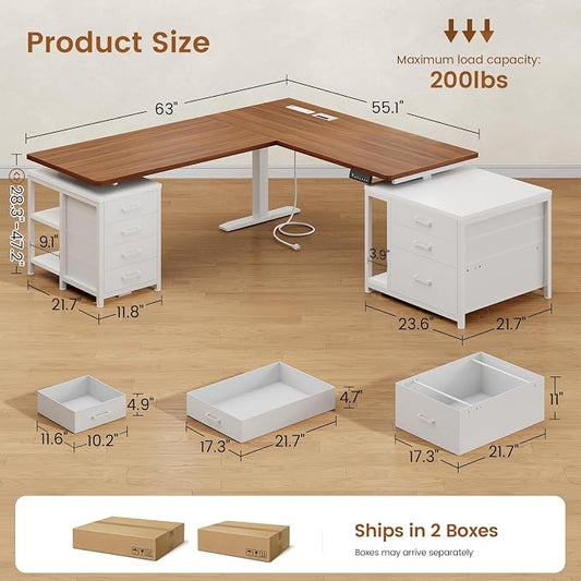 SEDETA L Shaped Electric Standing Desk with 7 Drawers, 63"×55.1" Height Adjustable Stand Up Desk with Power Outlets, 28.3"-47.2" Sit Stand Desk with Storage Shelves, 3 Memory Presets, White + Brown