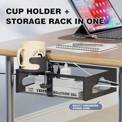 Cup Holder Under Desk Drawer 360° Swivel C-clamp Mounting Mesh Storage Box Spill-proof Easy Install Table Management Tray