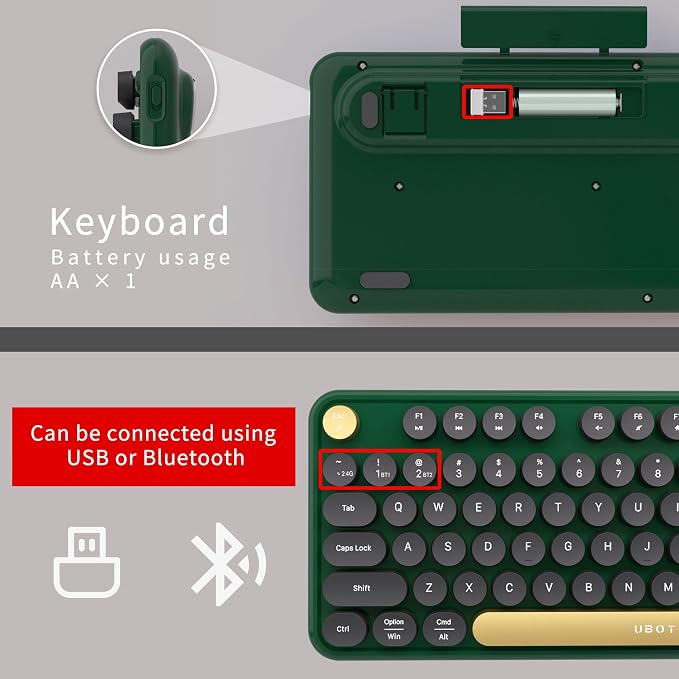 UBOTIE Dual Mode Colorful Wireless Keyboard, Bluetooth and USB Receiver Retro Typewriter Round Keycaps Keyboard Support Multi Devices for PC Laptop Tablet Phones(Dark-Green)