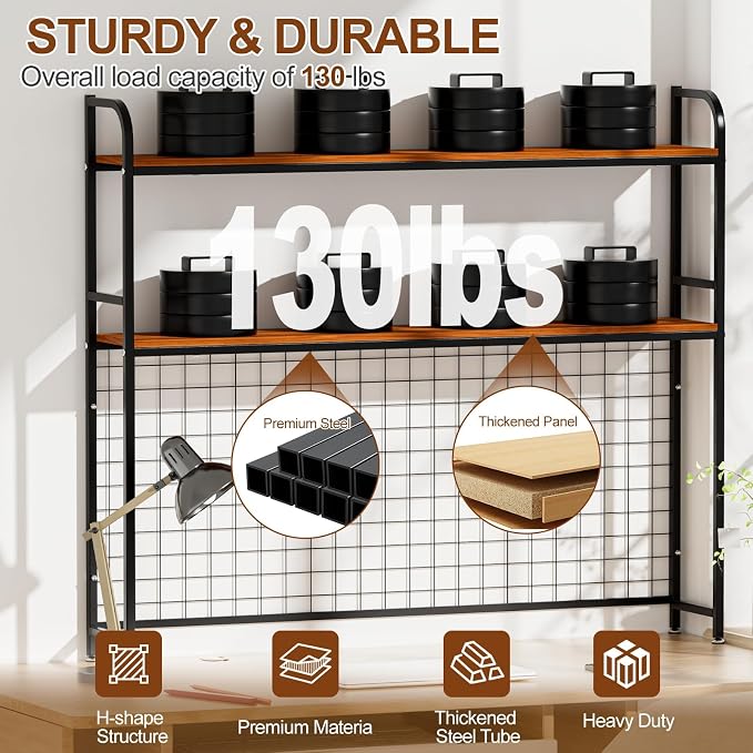 Desk Shelf, 2-Tier Desktop Hutch Bookshelf with Pegboard Hooks Set, Metal Table Top Bookcase for Computer, Freestanding Countertop Storage Organizer Rack for Dorm, Office & Home, Black, 45.3"