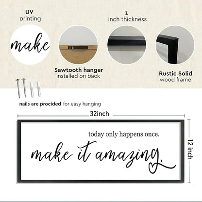 YWJKWLGS Inspirational Quotes Wall Decor Today Only Happens Once Make It Amazing Signs Wall Art 32x12 Inch Large Motivational plaque for Home office kitchen Bedroom Wood Framed Hanging (Black)