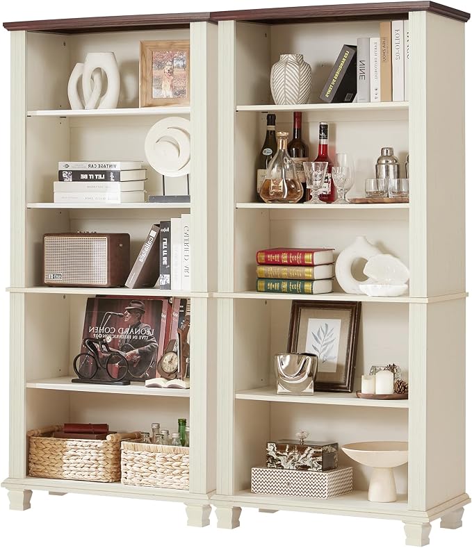 SAVOR LIFE 70" Tall White Bookshelf,5 Tier Wood Book Shelf with Adjustable Shelves & Wood Legs,Free Standing Farmhouse Bookcase with Open Display Storage,Vintage Kids Bookshelves for Nursery,2PCS