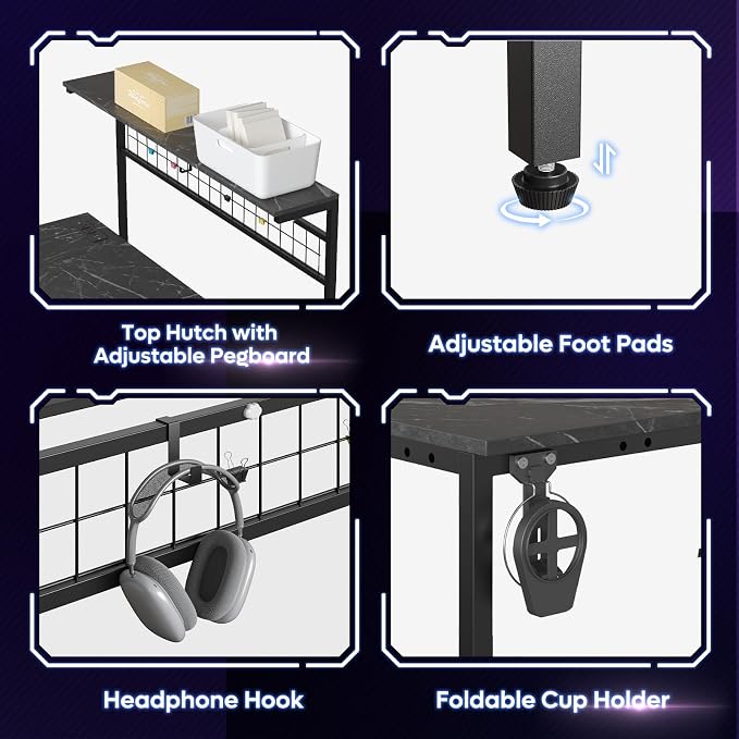 Bestier Gaming Desk 51" L-Shaped, with Power Outlets & LED Lights- 4 Tier Shelves, Reversible Gamer Table with Hooks & Cup Holder for Home Office Black Marble