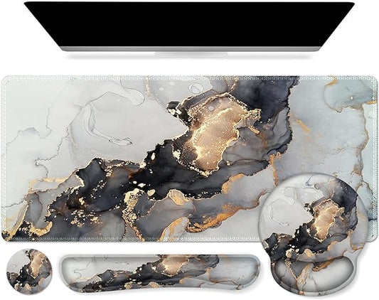 iCasso Desk Mat, Gaming Mouse Pad Wrist Support Set,4in1 XXL Large Mousepad + Keyboard Wrist Rest+Mouse Wrist Rest+Coaster Set with Ergonomic Design for Home Office Table Computer-Grey Ink Marble