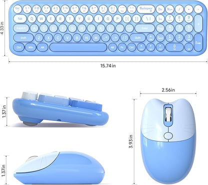 Wireless Keyboard and Mouse Combo, Meidosa 2.4GHz Colorful Full-Size Retro Typewriter Keyboard with Cat Shape 3 Level Adjustable Optical Mouse for PC/Desktop/Laptop/Windows (Blue Gradient)