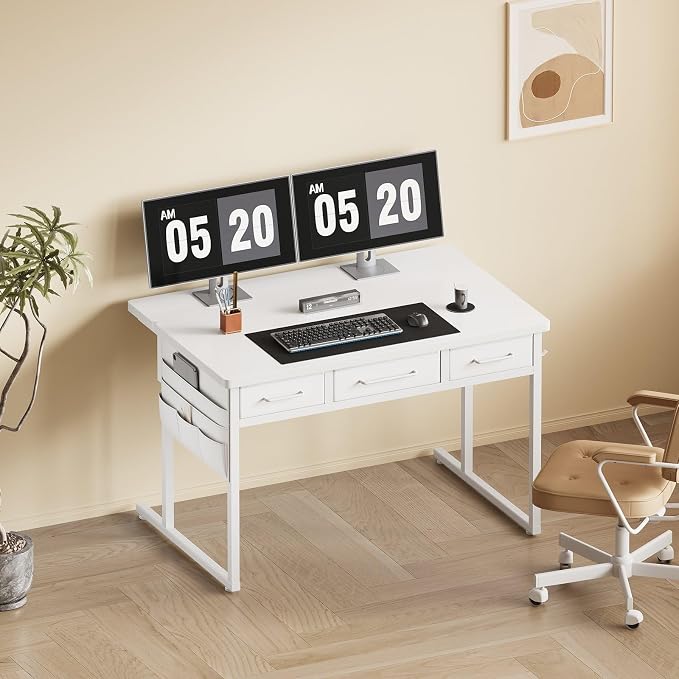 Maihail Small Desk with Drawers, 39.4X15.8-22.9 Inches Office Computer Desk with Side Pocket & Ergonomic Monitor Stand, Writing Table for Small Spaces, Bedroom, White