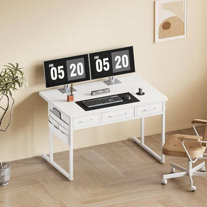 Maihail Small Desk with Drawers, 39.4X15.8-22.9 Inches Office Computer Desk with Side Pocket & Ergonomic Monitor Stand, Writing Table for Small Spaces, Bedroom, White