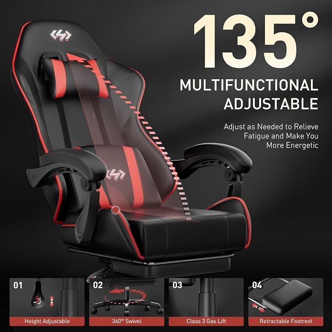 HLDIRECT Gaming Chair, Ergonomic Computer Office Chair with Lumbar Support Footrest Headrest, Adjustable Height & Backrest Angle Video Gamer Chair, PU Leather, 360° Swivel, Adult (Black&Red)