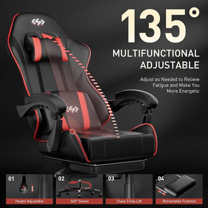 HLDIRECT Gaming Chair, Ergonomic Computer Office Chair with Lumbar Support Footrest Headrest, Adjustable Height & Backrest Angle Video Gamer Chair, PU Leather, 360° Swivel, Adult (Black&Red)