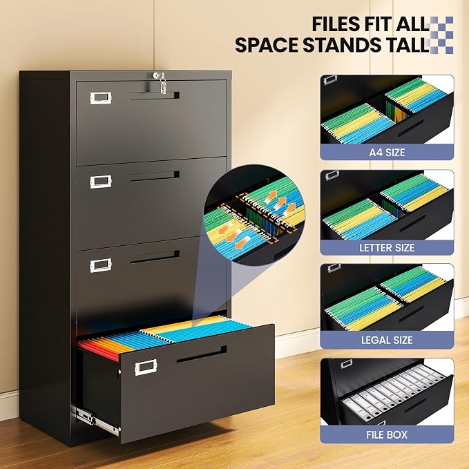 Metal Lateral 4 Drawer File Cabinet with Lock, Wide Filing Cabinet for Home Office Organization Hanging Files Letter/Legal/F4/A4 Size (Black, Assembly Required)