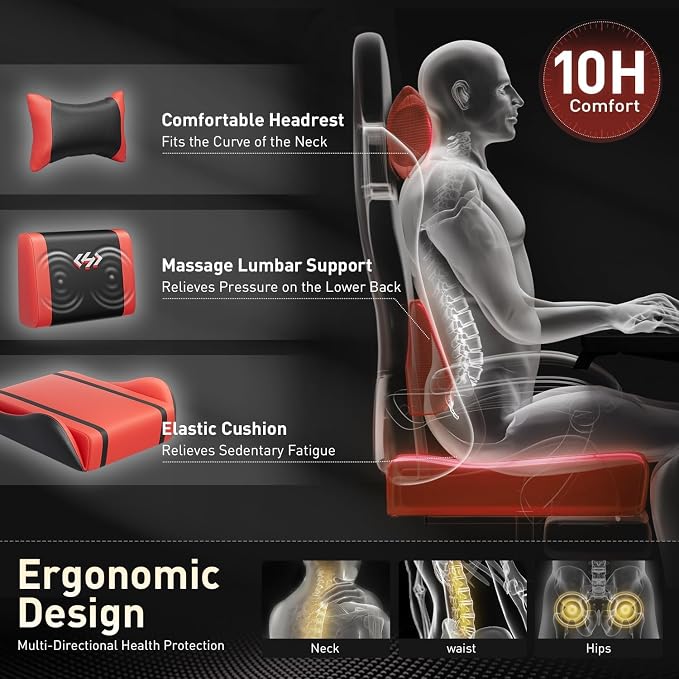 HLDIRECT Gaming Chair, Ergonomic Video Game Seat with 360° Swivel & Lumbar Massage for Adults Home/Office Use, Computer Chair PU Leather Cushion (Black & Red)