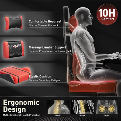 HLDIRECT Gaming Chair, Ergonomic Video Game Seat with 360° Swivel & Lumbar Massage for Adults Home/Office Use, Computer Chair PU Leather Cushion (Black & Red)