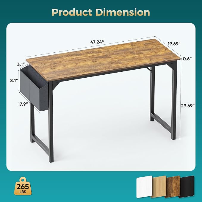 OLIXIS 47 Inch Computer Office Desk for Small Spaces, Writing Gaming Work Desk Modern Study Table with Storage Bag & Headphone Hook Home Bedroom, Rustic Brown